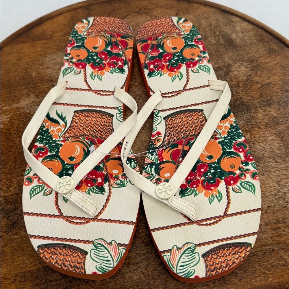 Tory Burch Sandals Wm 11 Thong Flip Flops Fall Orange Cream Cloud/Fruit Basket - Picture 3 of 9